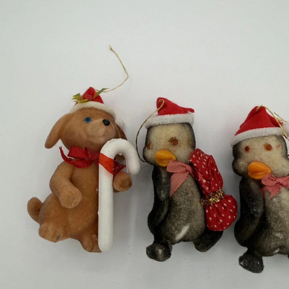 Vintage Flocked Christmas Ornament Set 4 Dog‎ Penguin Cat Holiday Decor